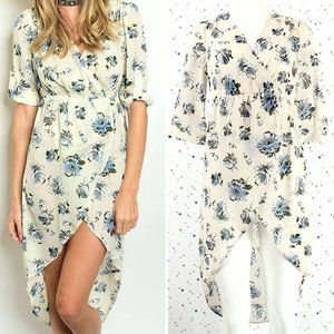 Floral Surplice Wrap Tulip High Low Dress Ivory